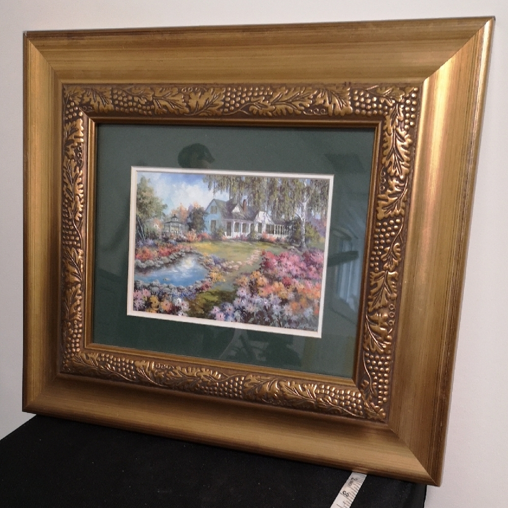 Gold Ornate Framed Cottage And Floral Landscape Art Print Beautiful Green Matted